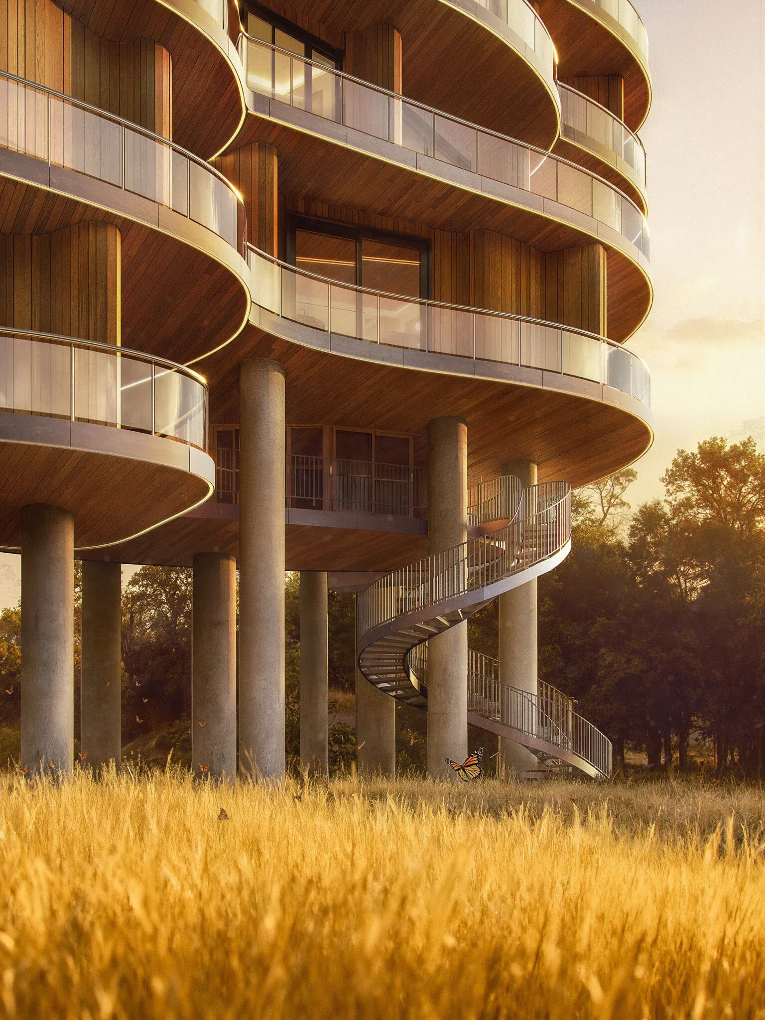 Edificio Forest House con balcones curvos de madera junto al bosque
