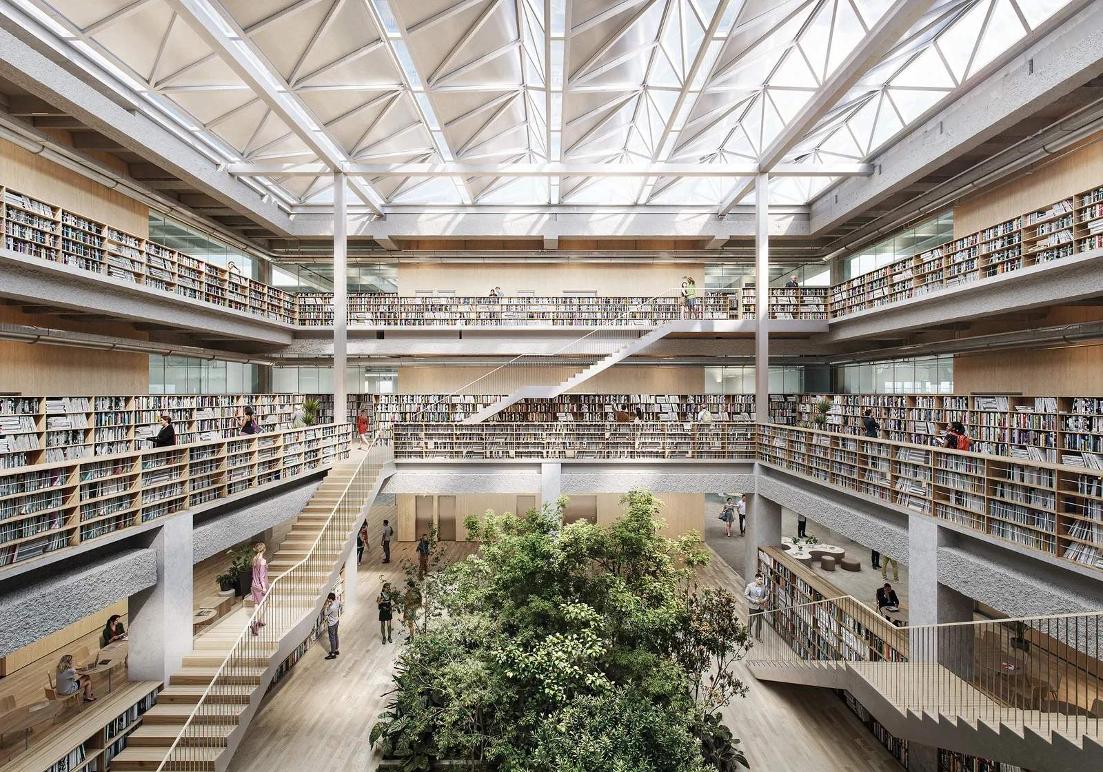 Biblioteca de varios niveles en Lille con atrio y cubierta acristalada