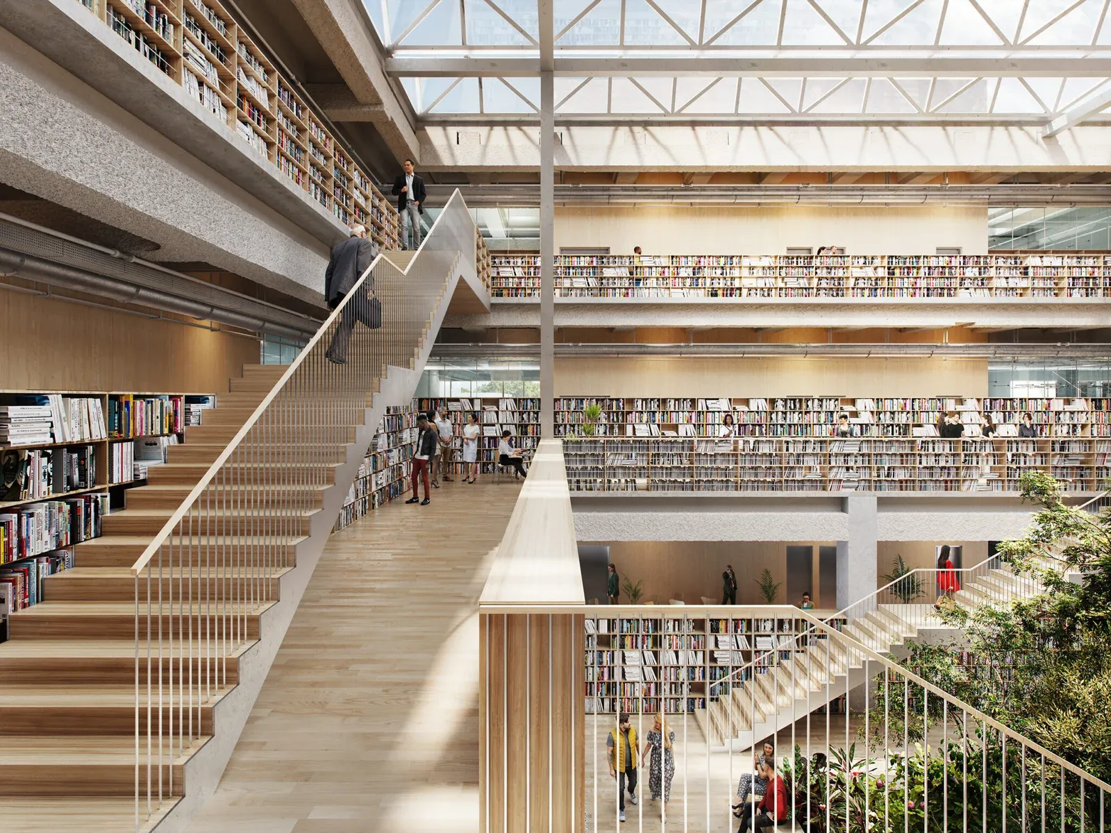Escaleras y estanterías alrededor del atrio de una biblioteca en Lille