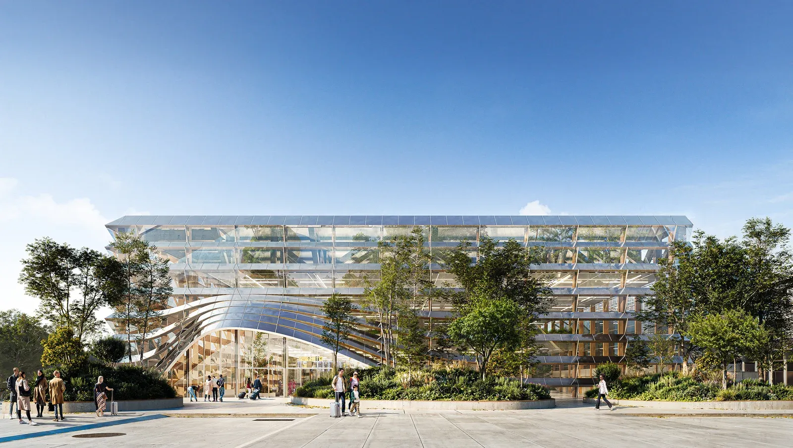 Proyecto de arquitectura con fachada de vidrio y áreas verdes