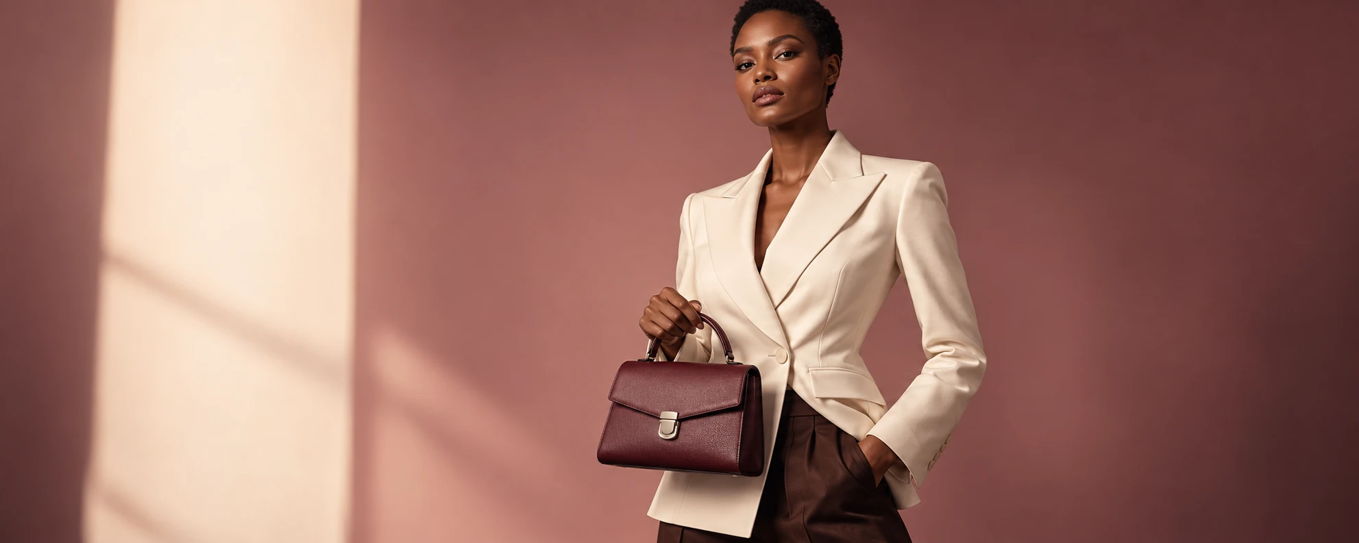 Mujer de traje blanco con bolso color borgoña