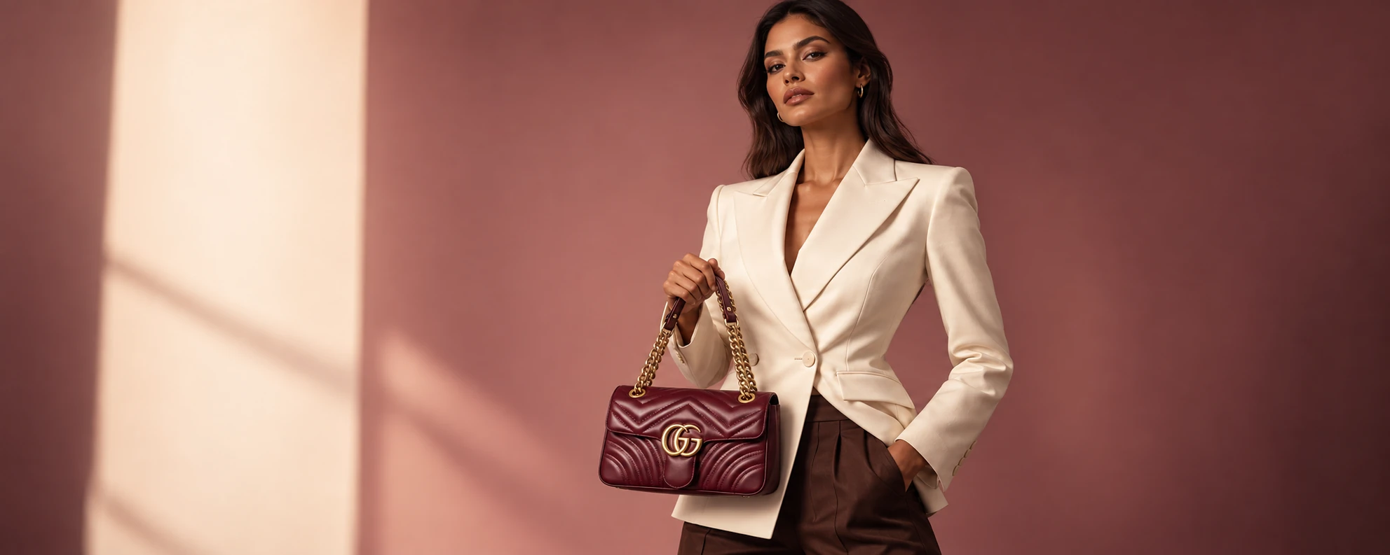 Mujer de traje blanco con bolso color borgoña