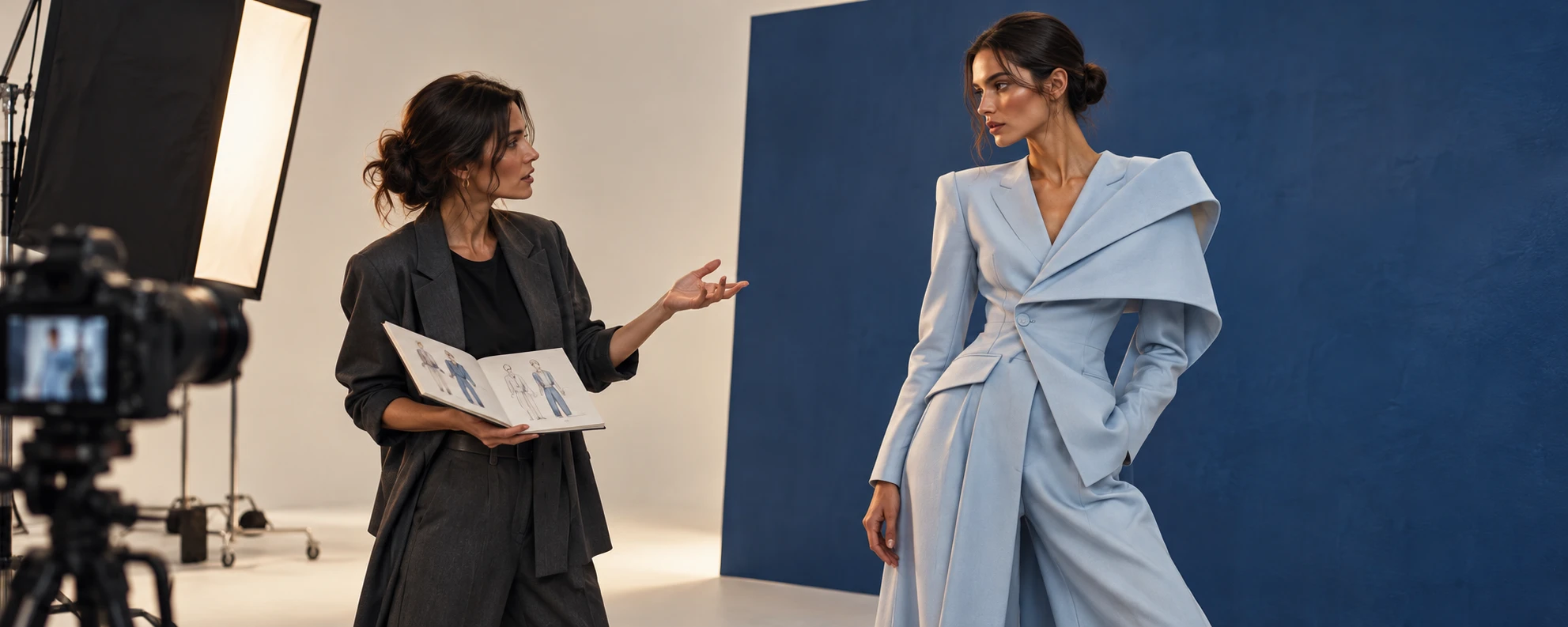 Directora creativa y modelo con traje azul en una sesión de moda