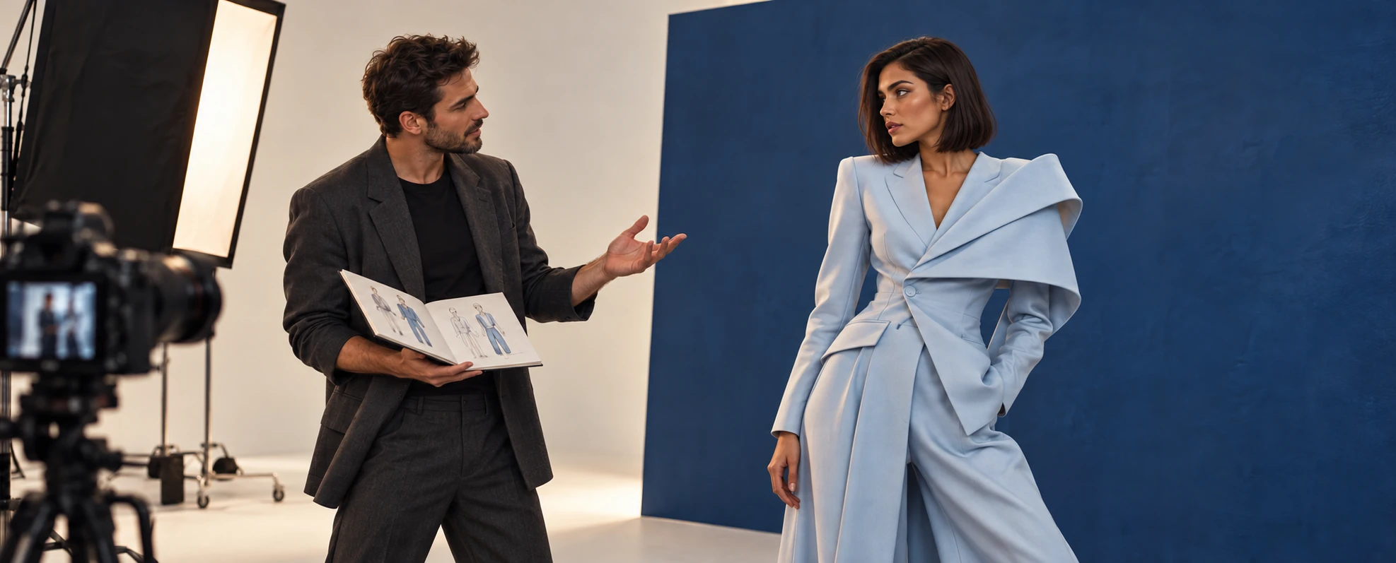 Director creativo y modelo con traje azul en una sesión de moda