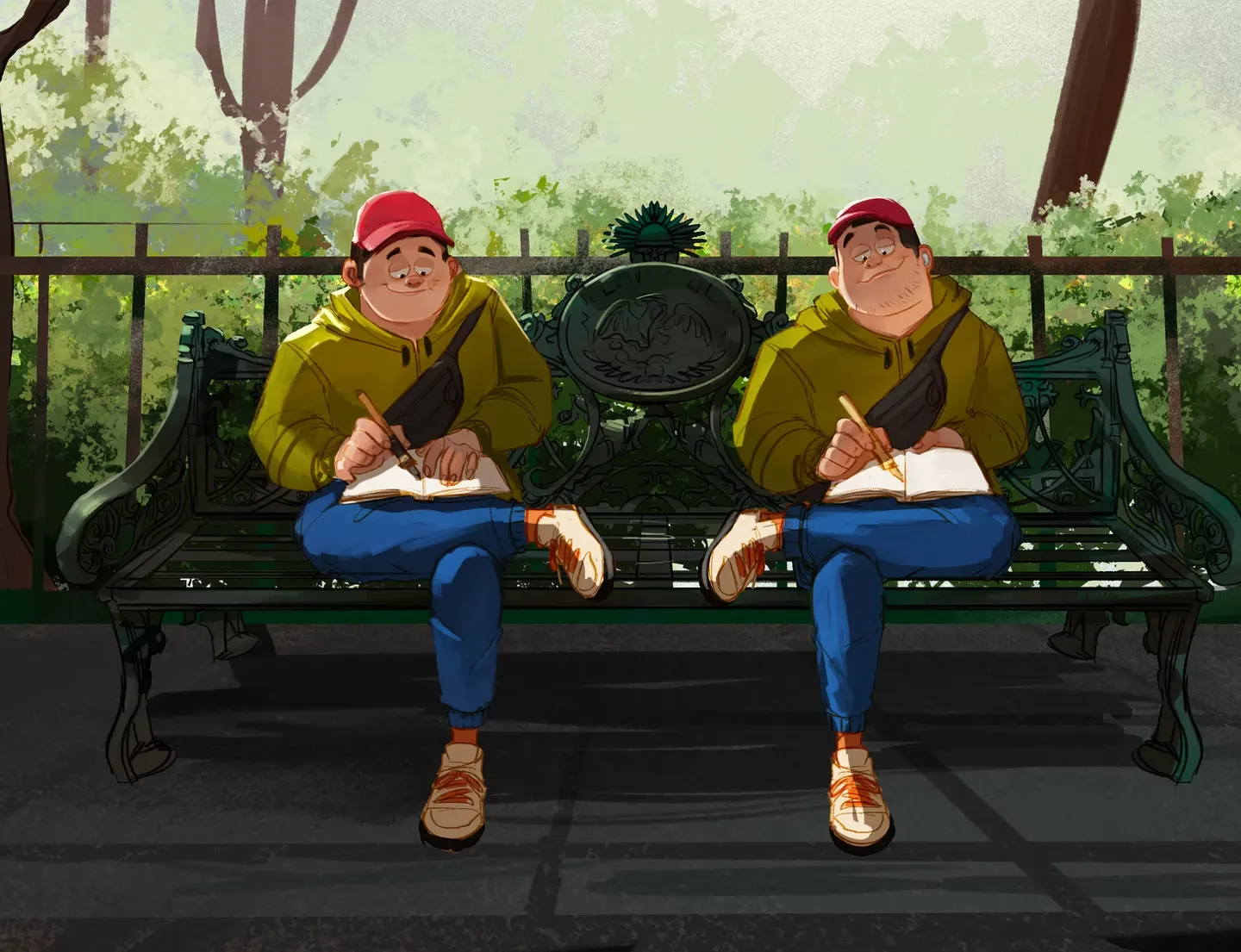 Ilustración de dos jóvenes dibujando en una banca de un parque