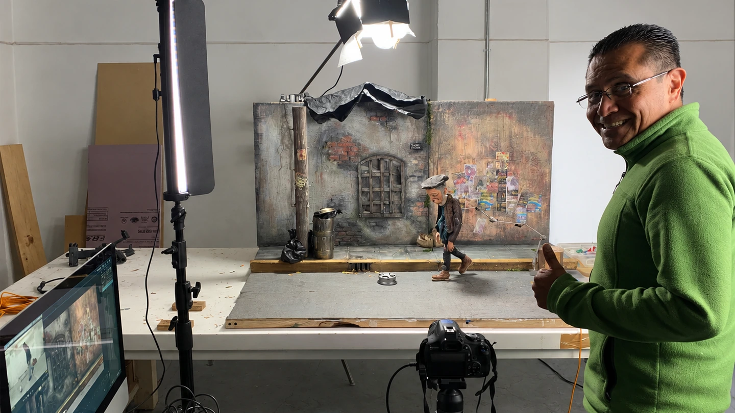 Producción de stop motion: alumno y set de animación en miniatura.