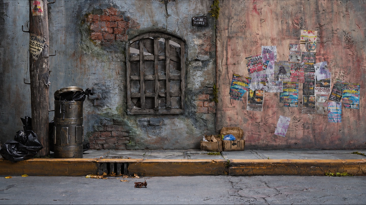 Escenografía de una calle en miniatura para animación stop motion.